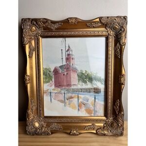 Gloria Dalvini Original Watercolor Painting Lighthouse Ornate Gold Frame 8x10